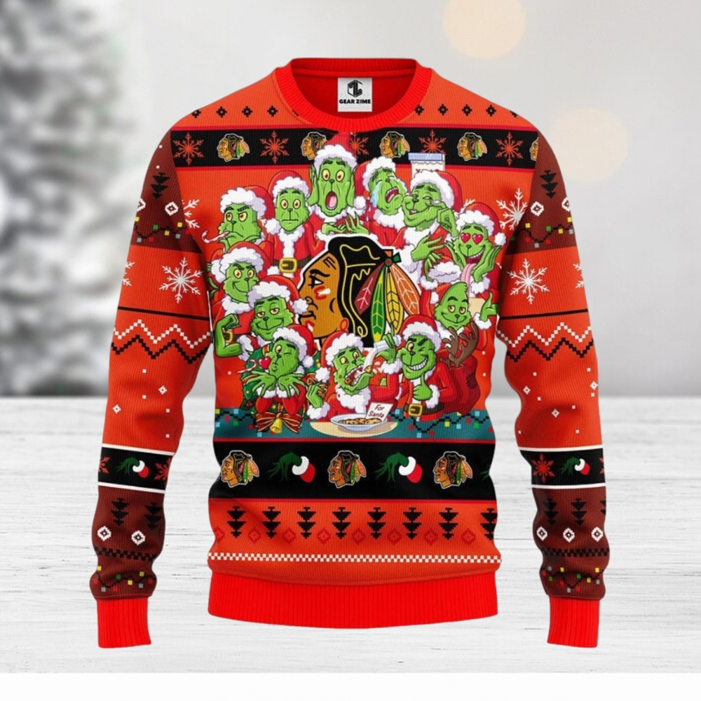NHL Grinch Drink Up Chicago Blackhawks Custom Name And Number Ugly  Christmas Sweater Christmas Gift