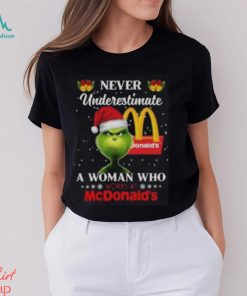 Christmas 2023The Grinch Santa Hat Never Underestimate a Woman who Works at McDonald’s shirt