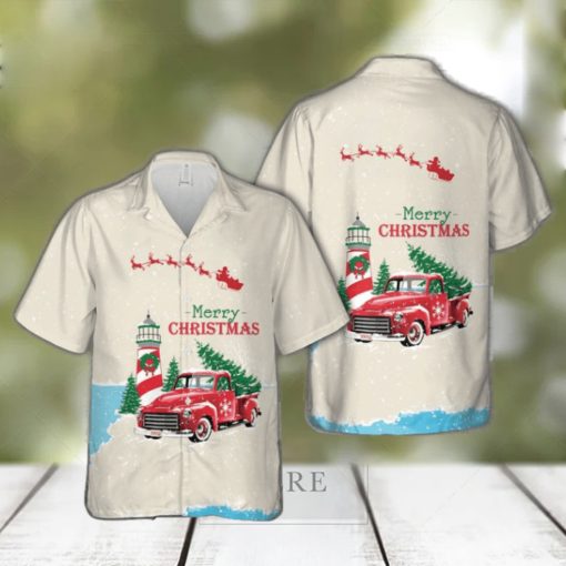 Christmas Vintage Red Truck with Lighthouse, and Pine tree Hawaiian Shirt