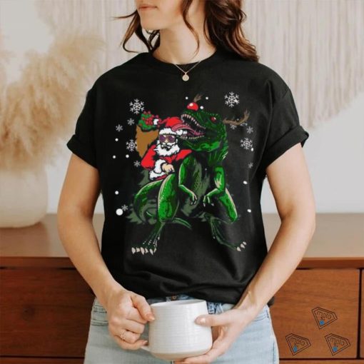 Cool Santa Riding Dinosaur Scary T Rex With Dino Snowy Gift Cool Shirt