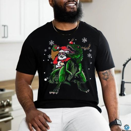 Cool Santa Riding Dinosaur Scary T Rex With Dino Snowy Gift Cool Shirt