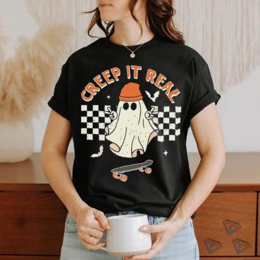 Creep It Real Skateboarding Ghost Retro Halloween T Shirt