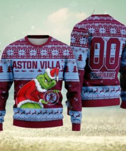 Custom Name And Number EPL Aston Villa Grinch Ugly Christmas Sweater All Over Print Trending Sweater For Fan