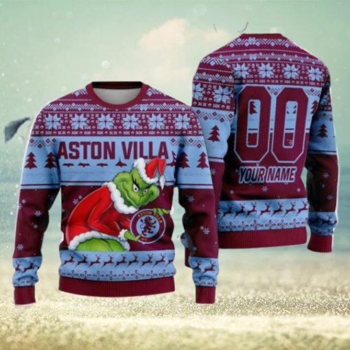 Custom Name And Number EPL Aston Villa Grinch Ugly Christmas Sweater All Over Print Trending Sweater For Fan