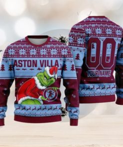 Custom Name And Number EPL Aston Villa Grinch Ugly Christmas Sweater All Over Print Trending Sweater For Fan