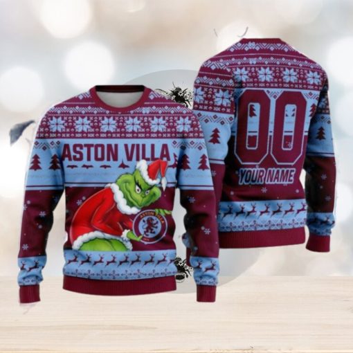 Custom Name And Number EPL Aston Villa Grinch Ugly Christmas Sweater All Over Print Trending Sweater For Fan