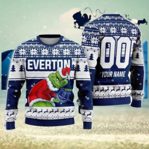 Custom Name And Number EPL Everton Grinch Ugly Christmas Sweater All Over Print Trending Sweater For Fan