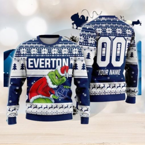 Custom Name And Number EPL Everton Grinch Ugly Christmas Sweater All Over Print Trending Sweater For Fan