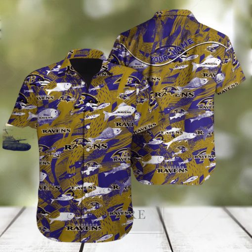 Custom Name Baltimore Ravens NFL Fish AOP Pattern Hawaiian Shirt For Men And Women