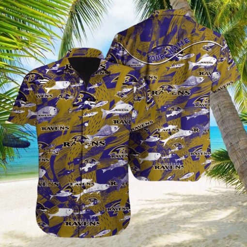 Custom Name Baltimore Ravens NFL Fish AOP Pattern Hawaiian Shirt For Men And Women