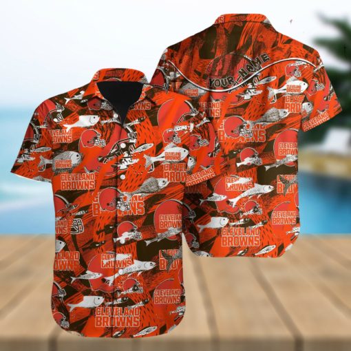 Custom Name Cleveland Browns NFL Fish AOP Pattern Hawaiian Shirt For Men And Women