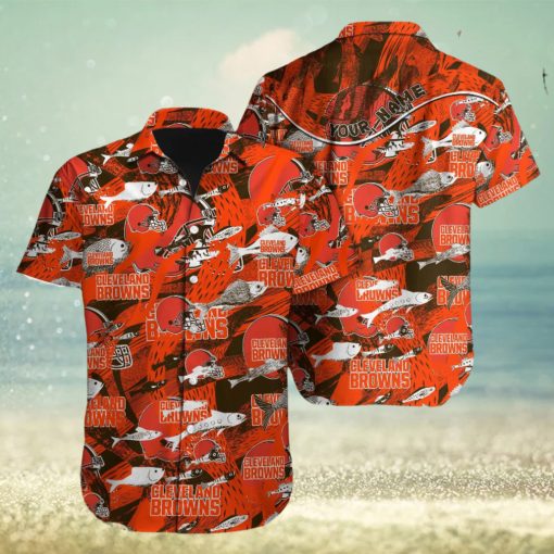 Custom Name Cleveland Browns NFL Fish AOP Pattern Hawaiian Shirt For Men And Women