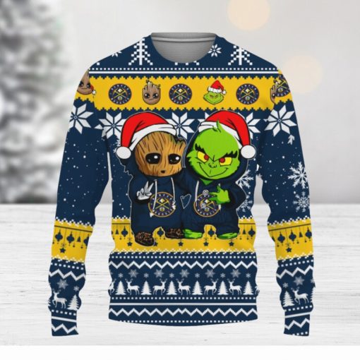 Denver Nuggets Baby Groot And Grinch Best Friends Football American Knitted Xmas 3D Sweater Gift Holidays