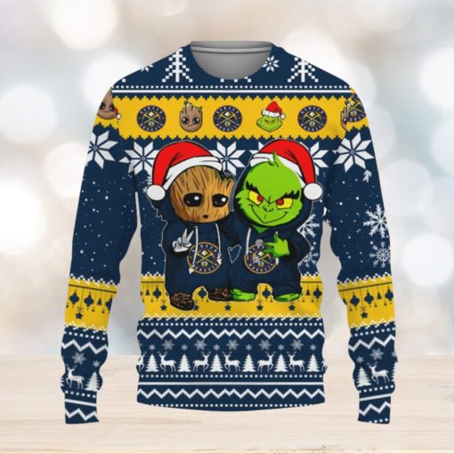 Denver Nuggets Baby Groot And Grinch Best Friends Football American Knitted Xmas 3D Sweater Gift Holidays