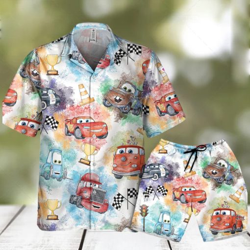 Disney Car Lightning Mcqueen Watercolor Seamless Disney Hawaiian Shirt And Short For Men And Women Gift