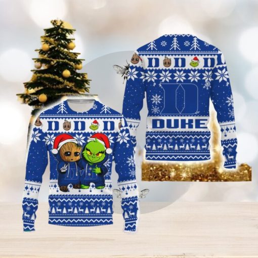 Duke Blue Devils Baby Groot And Grinch Best Friends Football American New 3D Sweater Gift Ugly Christmas