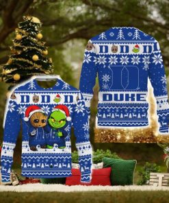 Duke Blue Devils Baby Groot And Grinch Best Friends Football American New 3D Sweater Gift Ugly Christmas