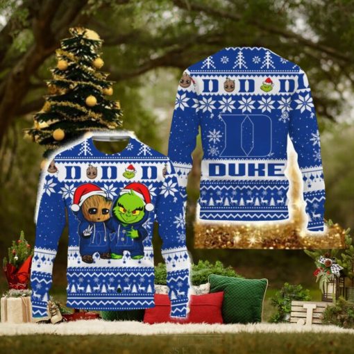 Duke Blue Devils Baby Groot And Grinch Best Friends Football American New 3D Sweater Gift Ugly Christmas