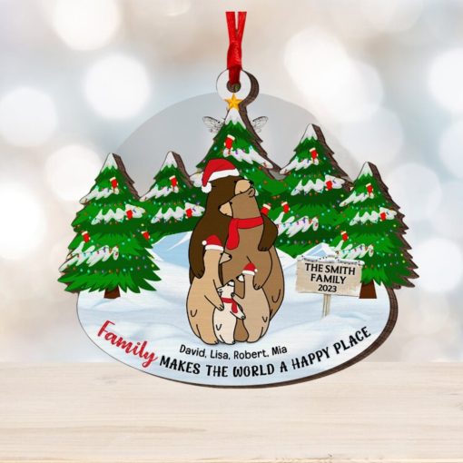 Family Makes The World A Happy Place Personalized Wood Ornament Gift For Family Christmas Gift