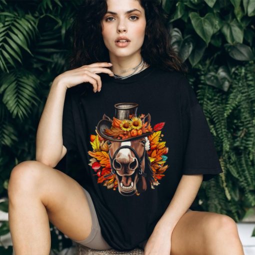 Funny Horse Face With Full Of Leaves Hat Autumn T Shirt