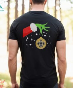 Funny The Grinch Hand Holding Ornament New Orleans Saints Christmas Sweater Shirt