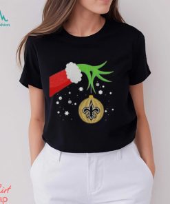 Funny The Grinch Hand Holding Ornament New Orleans Saints Christmas Sweater Shirt