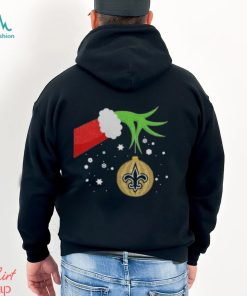 Funny The Grinch Hand Holding Ornament New Orleans Saints Christmas Sweater Shirt