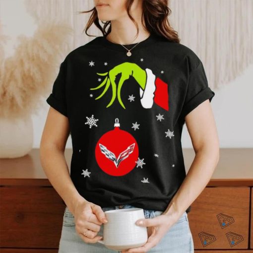 Grinch hand holding Chevrolet Corvette ornament shirt