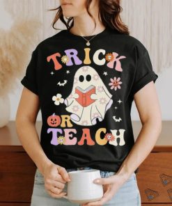 Groovy Teacher Halloween Trick Or Teach Retro Floral Ghost T Shirt