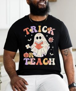 Groovy Teacher Halloween Trick Or Teach Retro Floral Ghost T Shirt