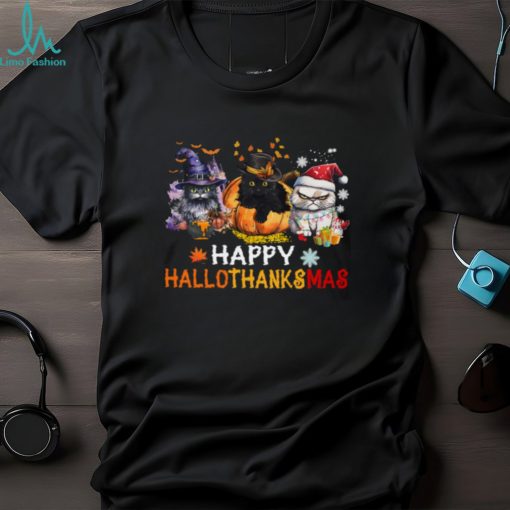 Happy HalloThanksmas   Halloween Thanksgiving Christmas Cat Classic T Shirt