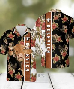 Hibiscus Flowers Gelbvieh Cattle Brown All Over Printed 3D Hawaiian Shirt For Men Women