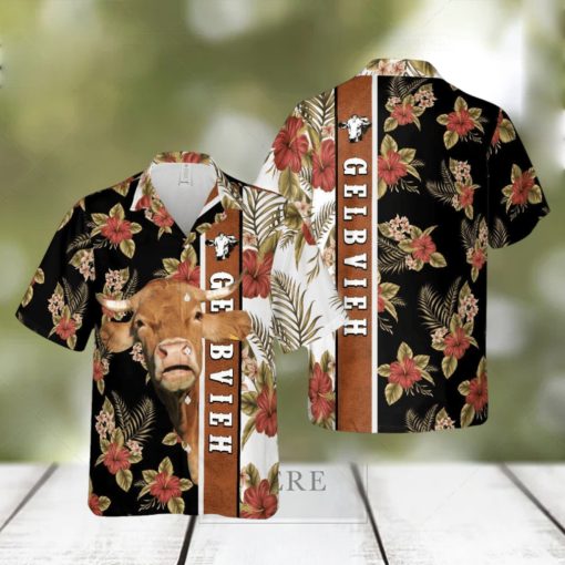 Hibiscus Flowers Gelbvieh Cattle Brown All Over Printed 3D Hawaiian Shirt For Men Women