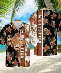 Hibiscus Flowers Gelbvieh Cattle Brown All Over Printed 3D Hawaiian Shirt For Men Women