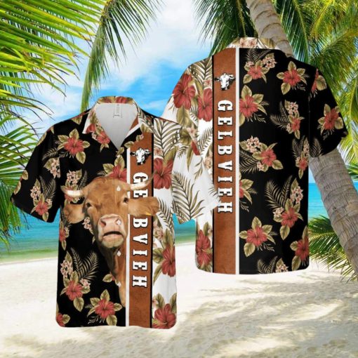 Hibiscus Flowers Gelbvieh Cattle Brown All Over Printed 3D Hawaiian Shirt For Men Women