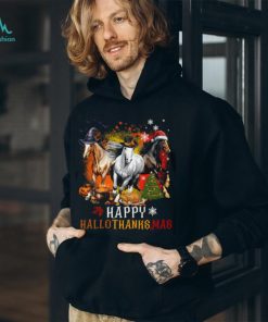 Horse With Witch Thanks Santa Hats Halloween Thanksgiving Christmas Horse Classic T Shirt