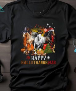 Horse With Witch Thanks Santa Hats Halloween Thanksgiving Christmas Horse Classic T Shirt
