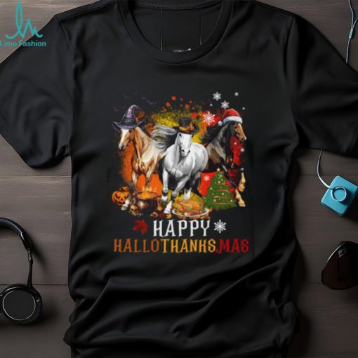 Horse With Witch Thanks Santa Hats   Halloween Thanksgiving Christmas Horse Classic T Shirt