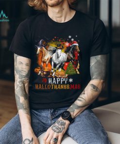 Horse With Witch Thanks Santa Hats Halloween Thanksgiving Christmas Horse Classic T Shirt