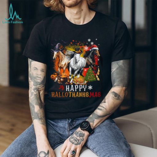 Horse With Witch Thanks Santa Hats   Halloween Thanksgiving Christmas Horse Classic T Shirt