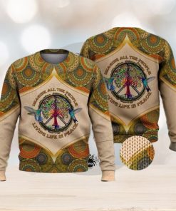 Imagine All The People Living Life In Peace Hippie Bird And Tree For Christmas Gifts Ugly Xmas Wool Knitted Sweater