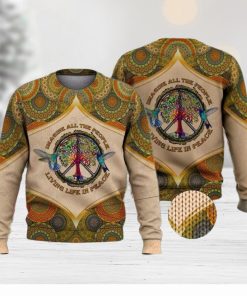 Imagine All The People Living Life In Peace Hippie Bird And Tree For Christmas Gifts Ugly Xmas Wool Knitted Sweater