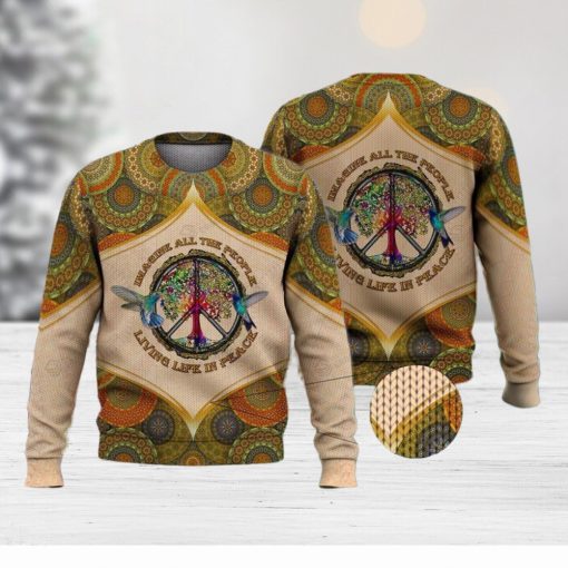 Imagine All The People Living Life In Peace Hippie Bird And Tree For Christmas Gifts Ugly Xmas Wool Knitted Sweater