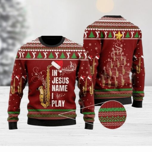 In Jesus Name I Play For Saxophone Lovers Ugly Christmas Sweater