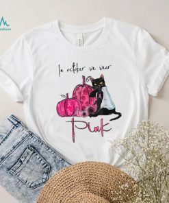 In October We Wear Pink Breast Cancer Awareness Black Cat T Shirt