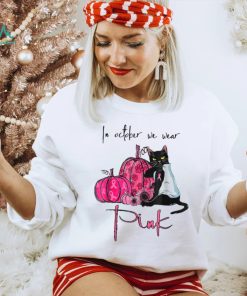 In October We Wear Pink Breast Cancer Awareness Black Cat T Shirt