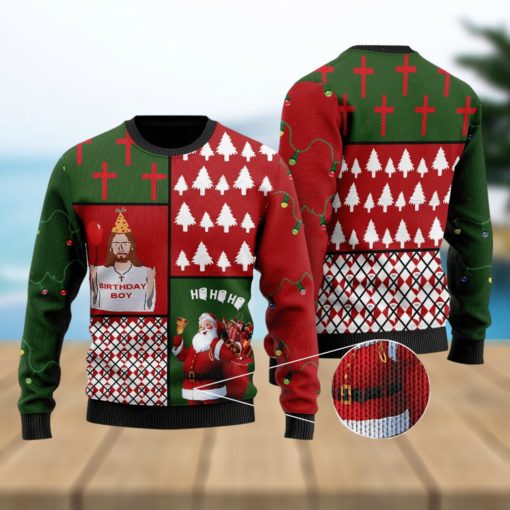 Jesus Birthday Boy And Santa Claus Ho Ho Ho For Christmas Gifts Ugly Xmas Wool Knitted Sweater