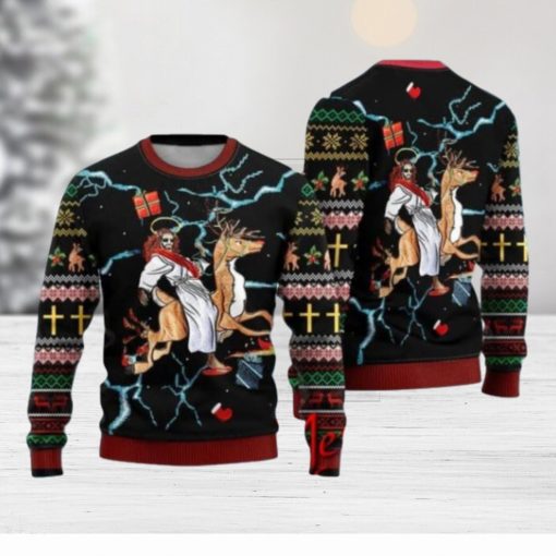 Jesus Riding Reindeer Black Ugly Christmas Sweater Gift Knitting Sweater