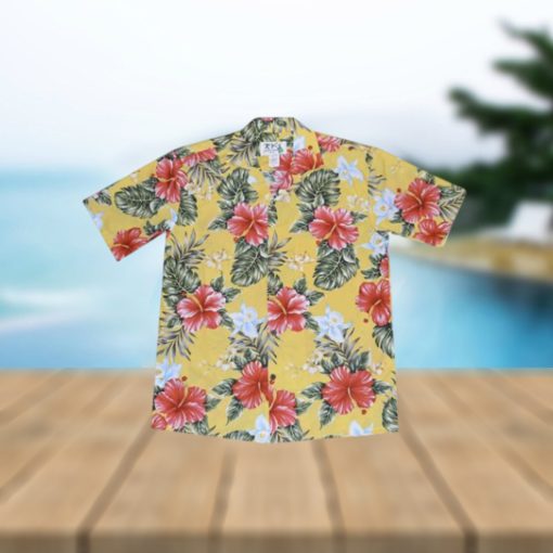 Kahala Hibiscus Yellow Cotton Poplin Men’s Hawaiian Shirt