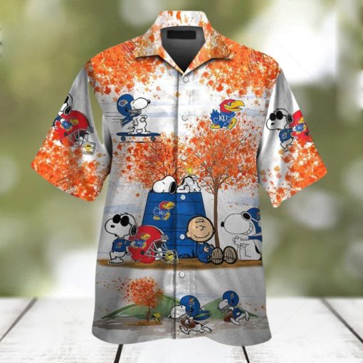 Kansas Jayhawks Snoopy Autumn Short Sleeve Button Up Tropical Hawaiian Shirt